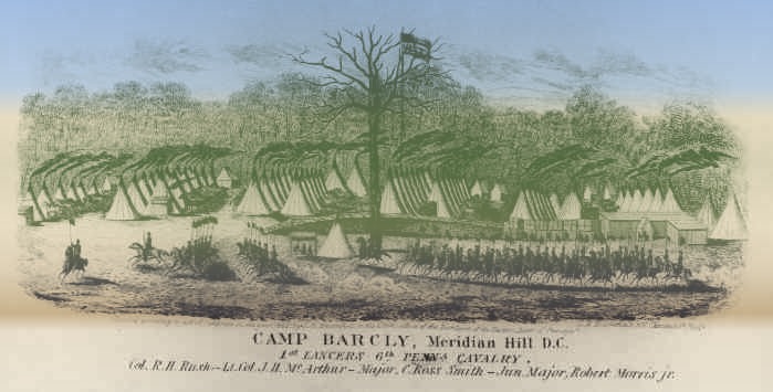 Camp Barclay | Bogstown.com Civil War-era camp with striped canvas tents arranged in rows around a central flagpole and a marching company in formation.